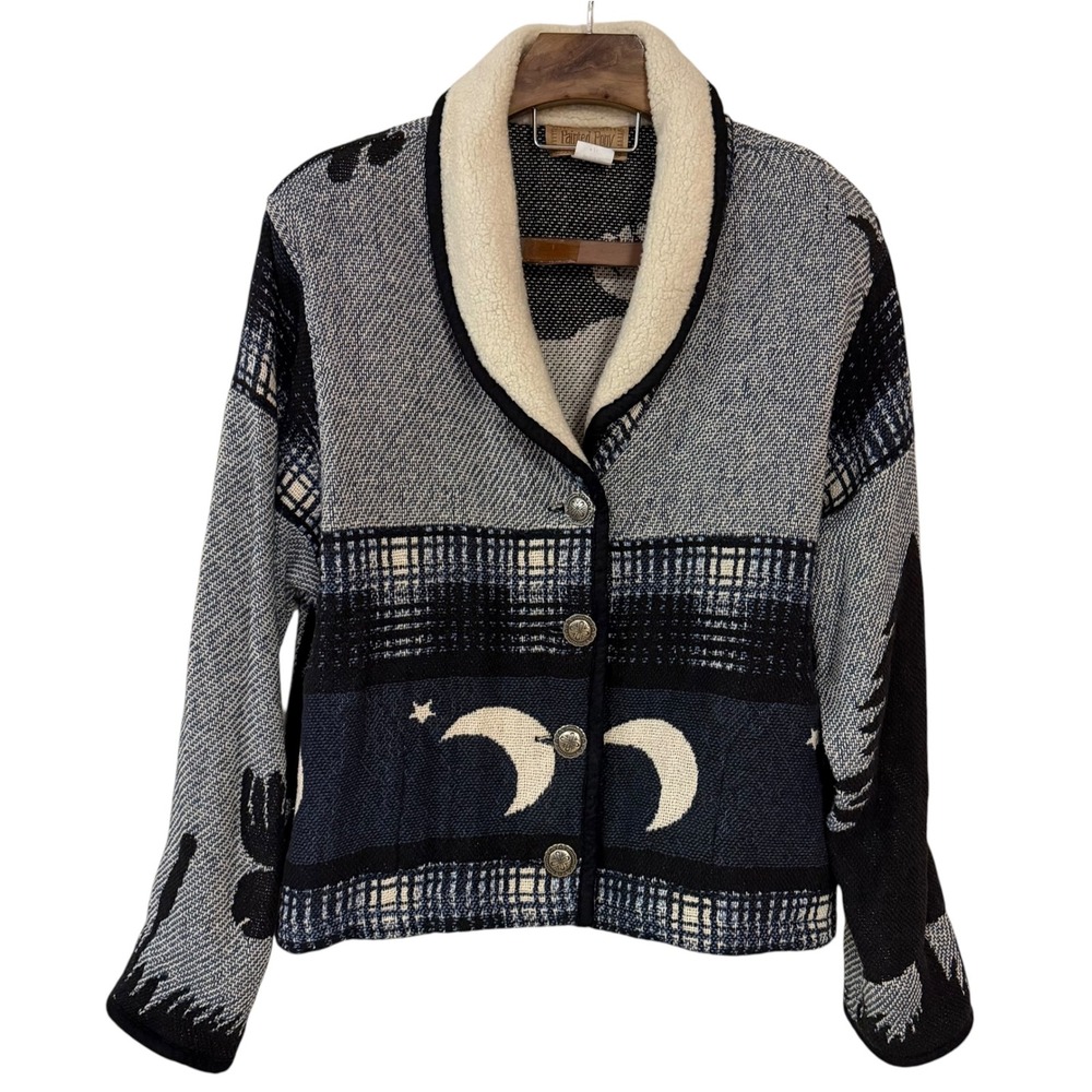Vtg Painted Pony Moose Moon Tapestry Jacket Sherpa Collar Blue Cabin Granola M/L